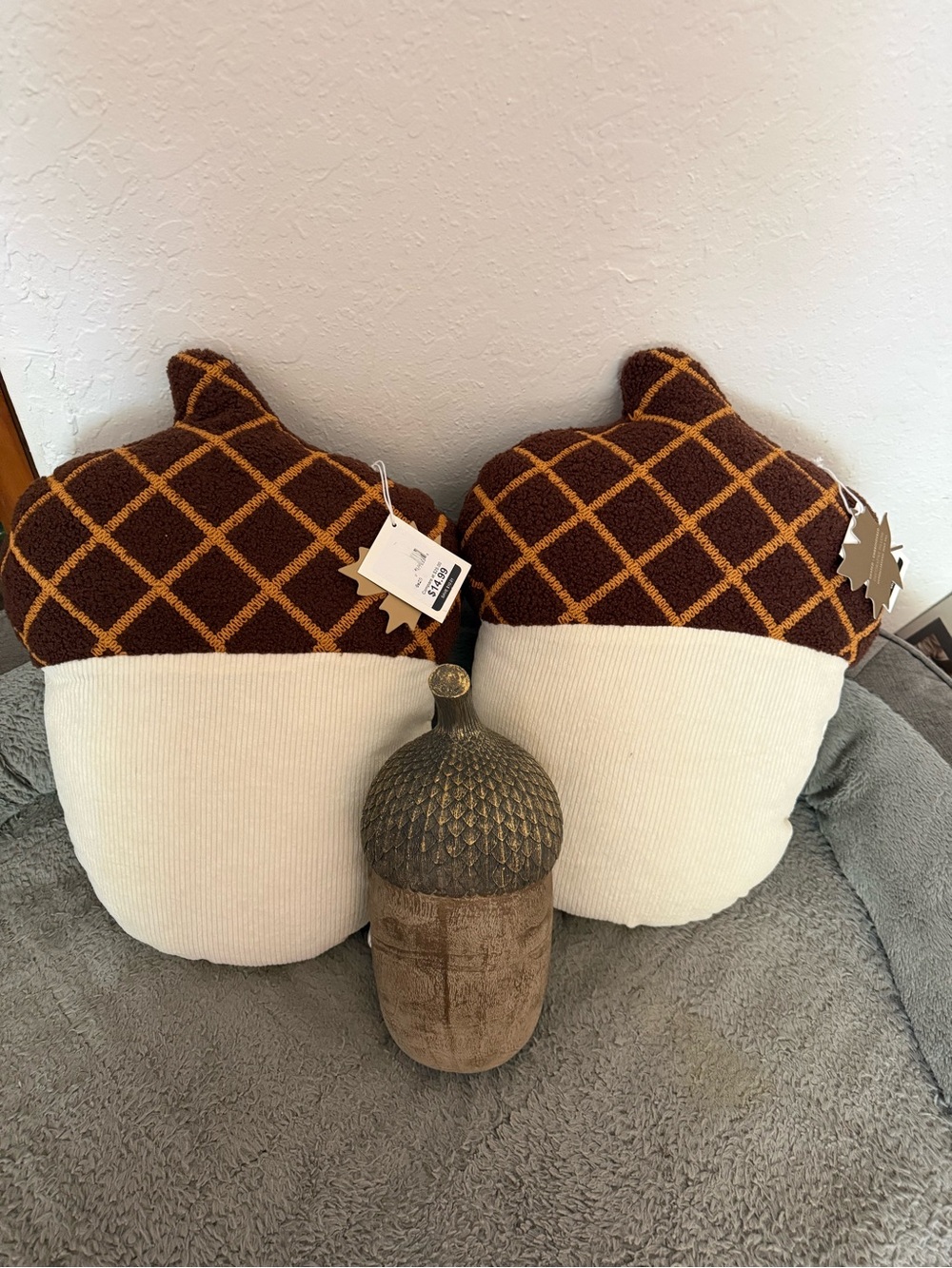 Studio C Brown and Cream Acorn Accent Pillow Pair with an acorn.